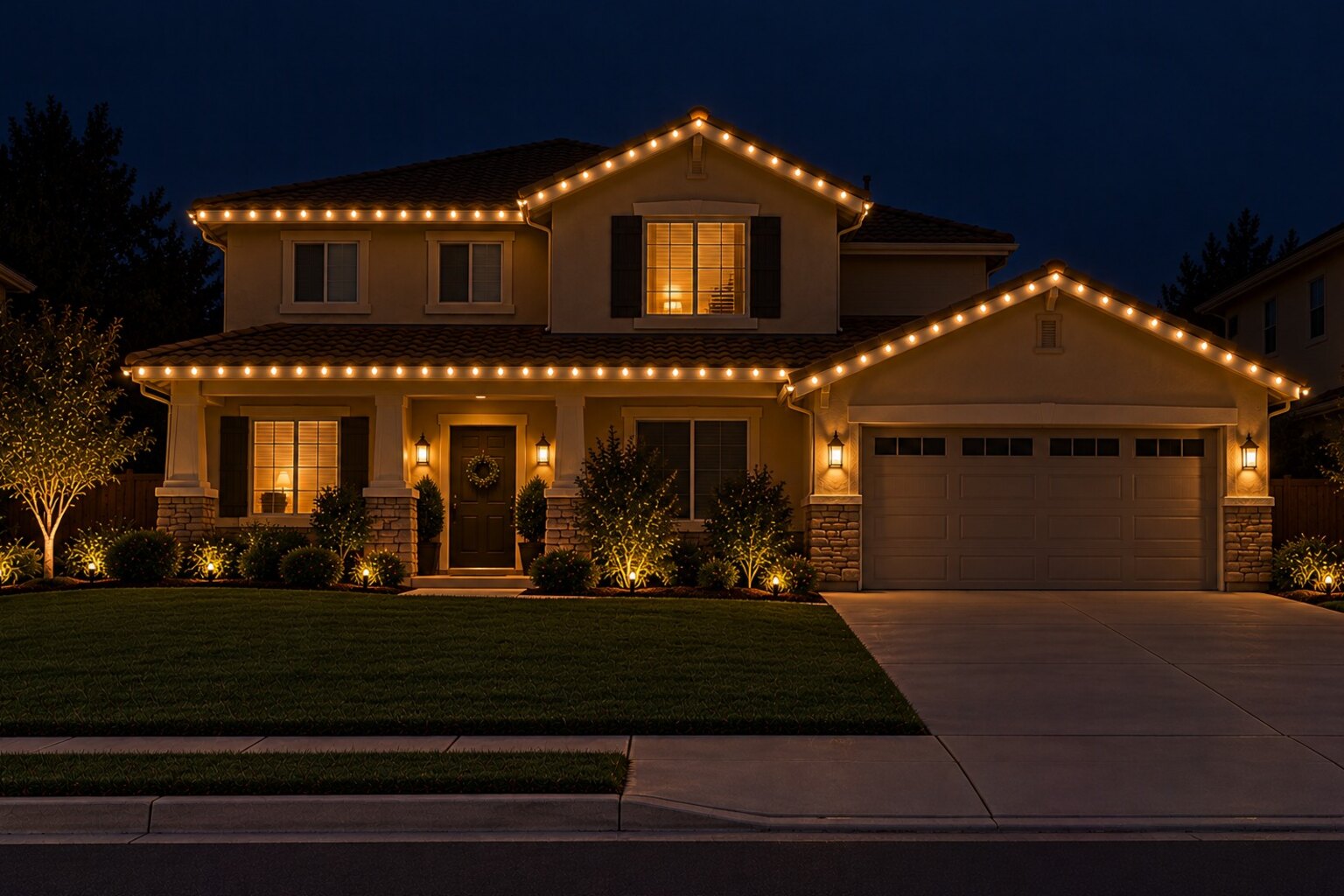 Residential christmas lights in Auburn, CA: tract two story warm white front