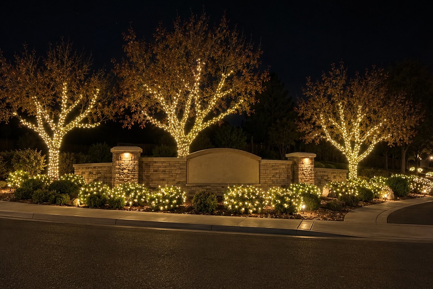 Residential christmas lights in Roseville, CA: hoa entrance monument tree wraps warm white
