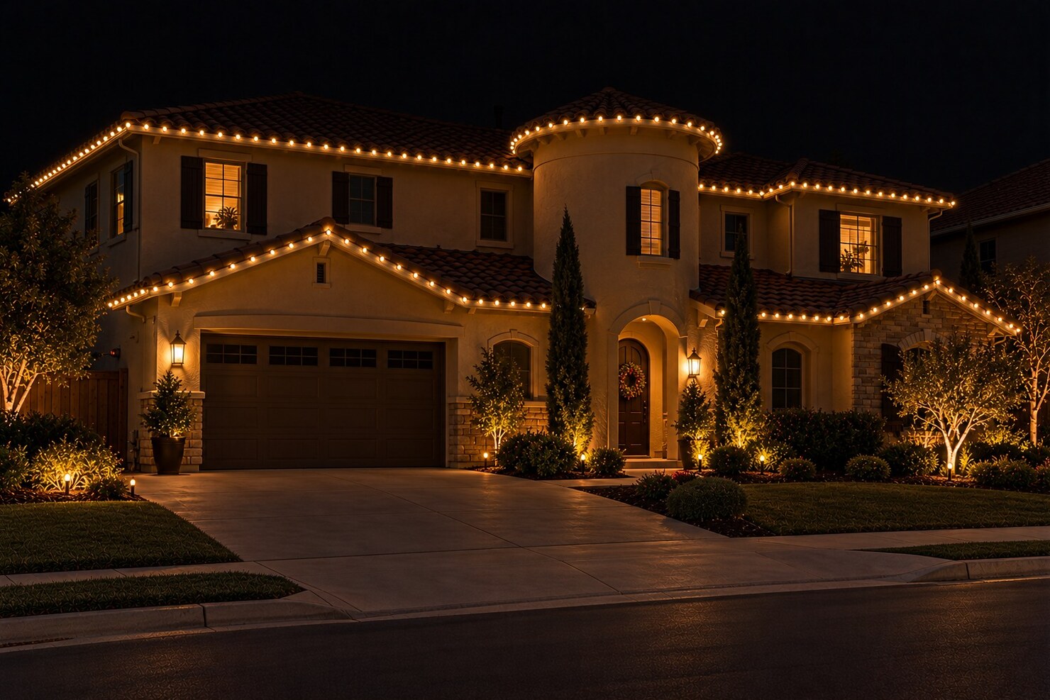 Residential christmas lights in Sacramento, CA: mediterranean tower warm white